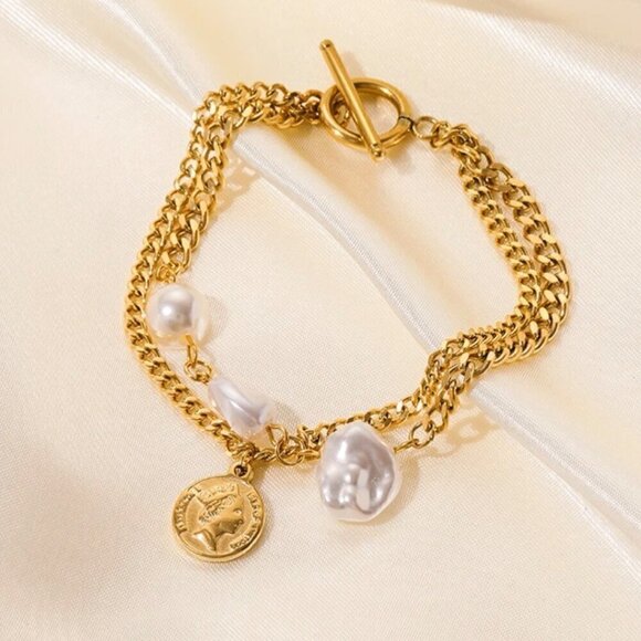 NWT 14K Gold Plated Two Strands Coin Charm Pearl Bracelet 7” - Picture 4 of 13